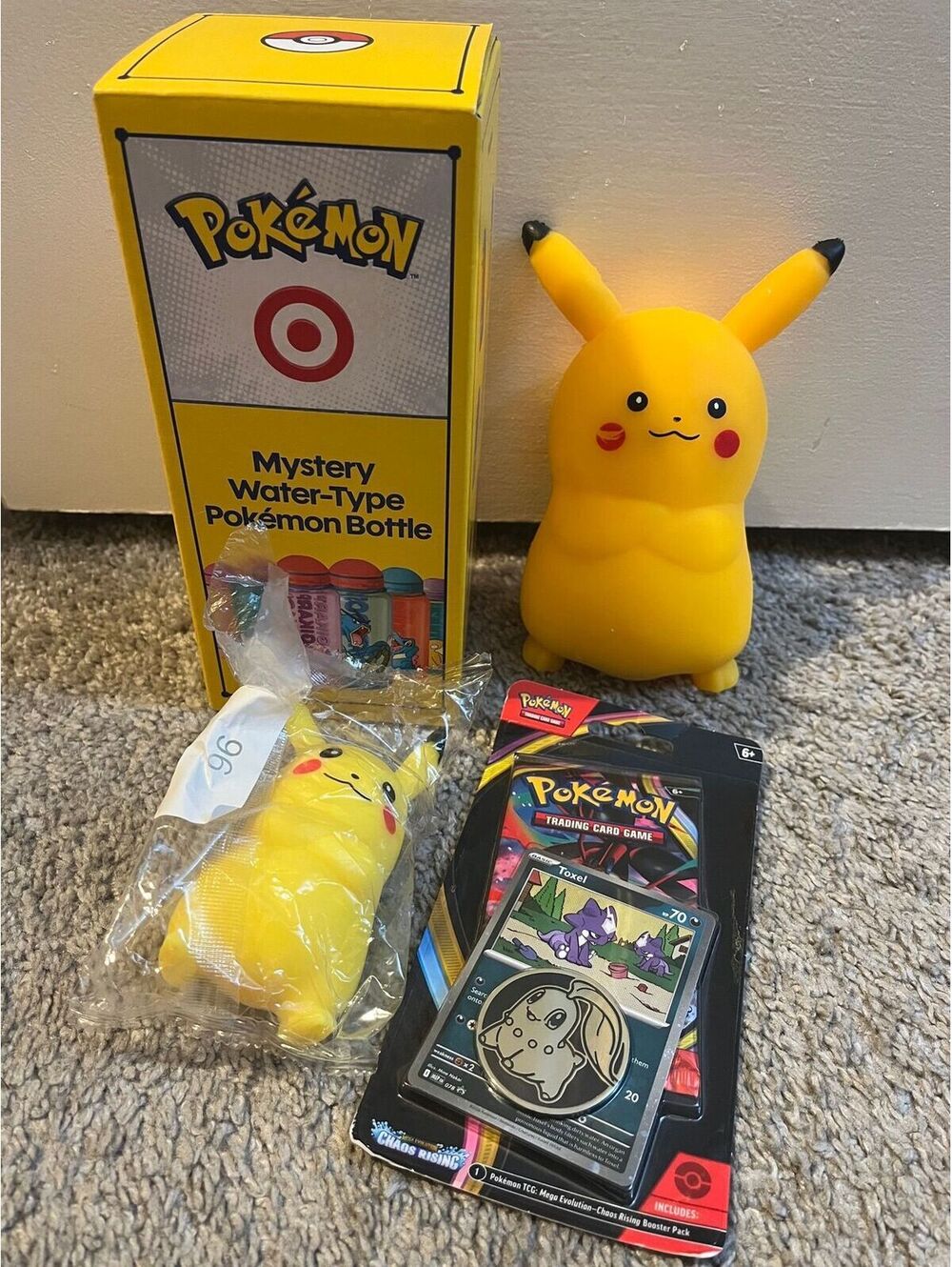 4 Piece Pokemon Pikachu Gift Bundle Mystery Bottle Squishy TCG Chaos Rising